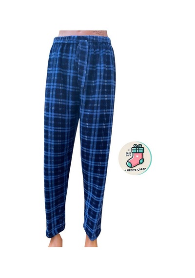 Cepsiz Kışlık Polar Kadın Pijama Altı Tek Alt Je32 - Çorap Hediye Mavi