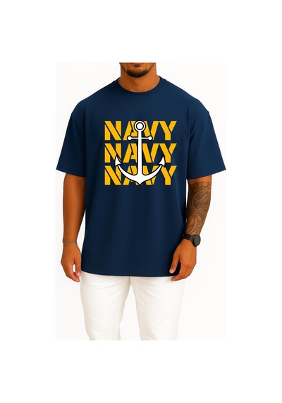 Bahriyeli Collection Oversize Trio Navy Anchor Göğüs Ve Sırt Baskılı Unisex T-shirt Lacivert