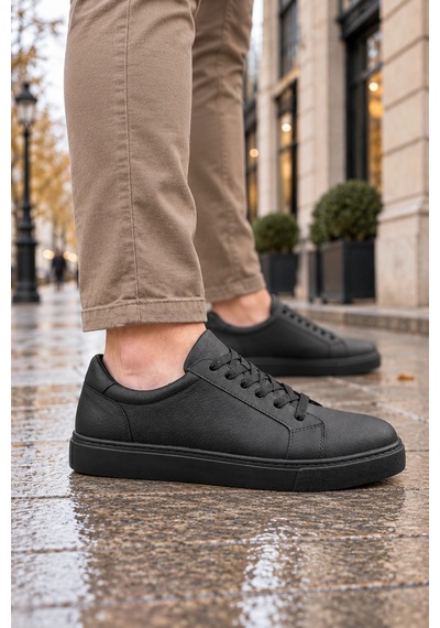 Mevese Etile Bağcıklı Cilt Erkek Günlük Sneaker Ayakkabı - Kömür