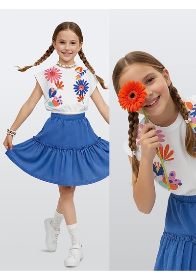 Kız Çocuk Takım Çiçekli Crop Top Etek Takım İlkbahar Yaz 4-10 Yaş