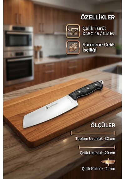 Sürmene Serisi Santoku Mutfak Şef Bıçağı Siyah Verzalit Sap Et Ekmek Sebze Salata Şef Bıçak Hds-144