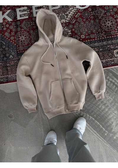 Barlashive Kadın 3 İplik Pamuklu Kapüşonlu Kanguru Cepli Baskılı Oversize Hoodie Sweatshirt - Bej Çok Renkli