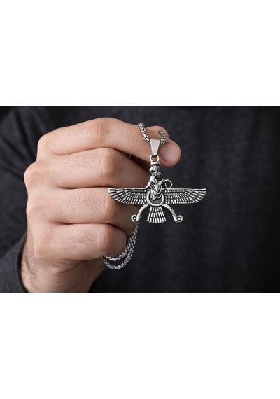 Antik Pers Sembolü Ahura Mazda Faravahar Erkek Çelik Kolye Gümüş