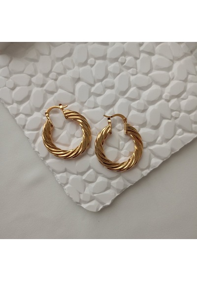 Lente Aksesuar Gold Çelik Işıltılı Çizgili Model Vintage Kadın Halka Küpe Altın