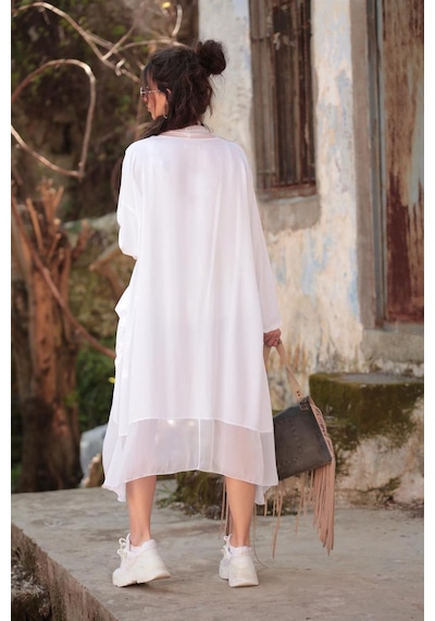 Bohem Stil Italyan Ipek Detaylı Oversize Kaftan & Bluz-8711 Beyaz