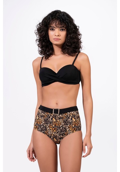 Endeep Kadın Leopar Desenli Aksesuarlı Yüksek Bel Bikini Takımı Kahverengi