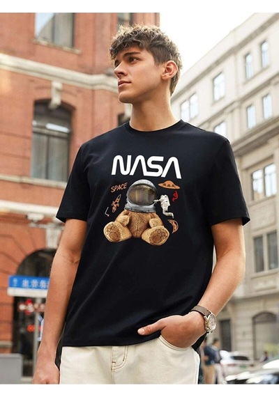 Flood Of Style Unisex Gri Ayıcık Nasa Baskılı Tshirt Siyah