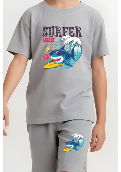 Fyk Kids Erkek Çocuk Tişört-kapri Surfer Baskılı Alt-üst Takım Gri