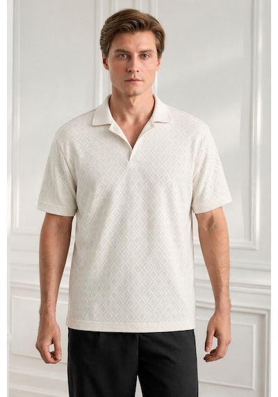Tarz Cool Erkek Jakar Desenli Düğmesiz Polo Yaka Tişört Slim Fit Yazlık Triko Tişört Beyaz Tarz Cool Erkek Jakar Desenli Düğmesiz Polo Yaka Tişört Slim Fit Yazlık Triko Tişört Beyaz