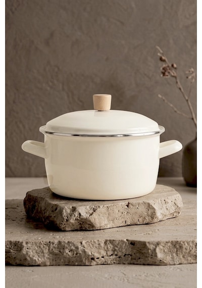 Terra Cook Ahşap Kulplu,paslanmaz Saplı Krem Süzgeçli Emaye Kızartma Tenceresi 22 Cm Krem