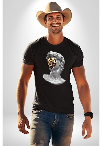 Modern Sanat Apollo Unisex Unisex Siyah Organik Baskılı T-shirt Penye Yüksek Kalite Siyah