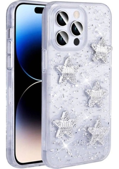 Apple Uyumlu iPhone 14 Pro Max Kılıf Airbagli Simli Arka Yüzey Zore Işıltı Silikon Kapak Beyaz-yıldız