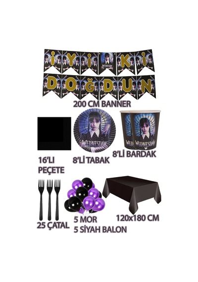 8 Kişilik Wednesday Tabak, Bardak Yazı Balon Seti, Addams Wednesday Parti Doğum Günü Parti Süsleri