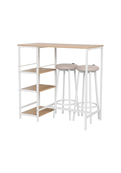 Step-up 2 Tabureli Yüksek Ayaklı Raflı Mutfak Masa Takımı - Beyaz 100x50x100 Ceviz