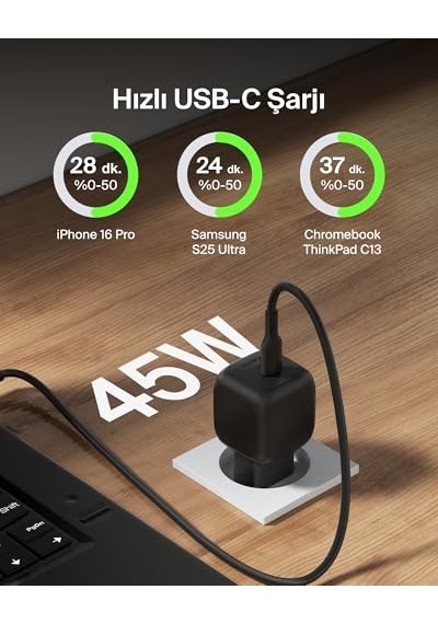 Kompakt Duvar Şarj Cihazı 45 W + Usb-c - Usb-c Kablosu, Apple İphone 17, 16, 15, 14, Plus, Pro, Pro Max, Samsung Galax