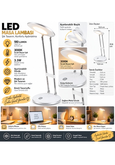 Led Masa Lambası 3.3w 180 Lumen 3000k Sıcak Beyaz Ayarlanabilir Başlıklı Çalışma Ve Ders Lambası