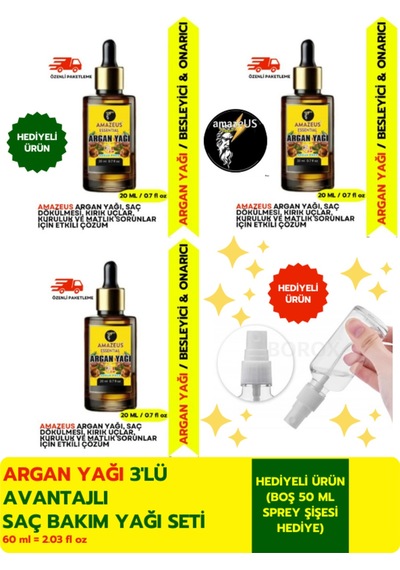 Amazeus Argan Yağı 3'lü %100 Saf Ve Doğal-soğuk Pres Besleyici Etki 3x20 Ml / 2.03 Fl Oz
