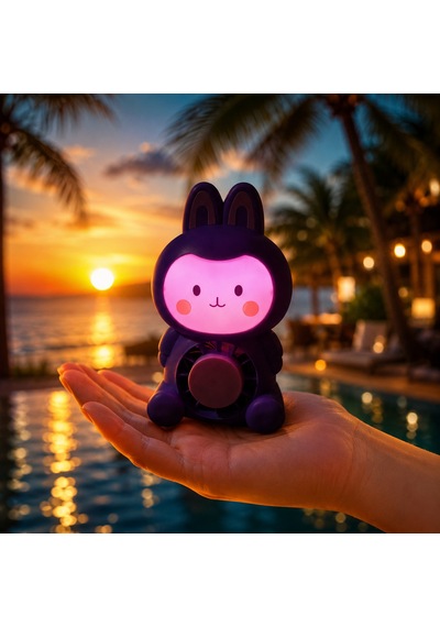 Vıp Yüksek Kalite Mor Tavşanlı Masa Fanı Mini El Fanı Pembe Işıklı Şarjlı Masa Fanı Şarjlı El Fanı