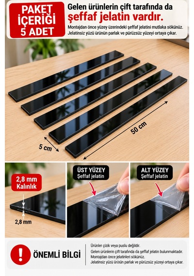 5 Adet Siyah Pleksi Duvar Çıtası 5 X 50 Cm 2,8 Mm Modern İskandinav Dekoratif Duvar Çıtası Parlak Siyah