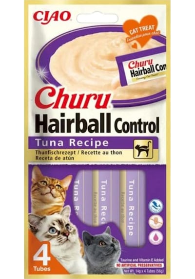 Ciao Churu Cream Hairball Tüy Yumağı Önleyici Ton Balıklı Sıvı Kedi Ödül Maması 4'lü 14 G