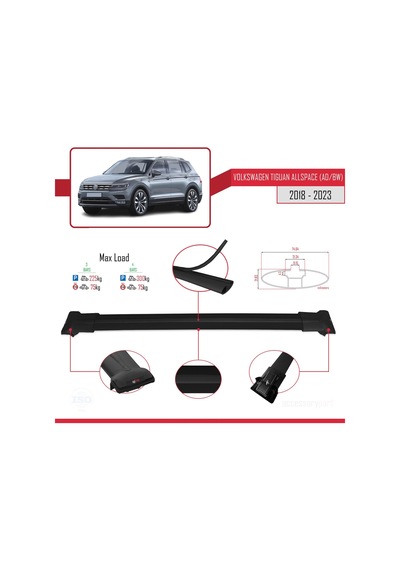 Volkswagen Tiguan Allspace Ad/bw 2018-2023 Arası İle Uyumlu Fly Model Ara Atkı Tavan Barı Siyah 3 Adet Bar