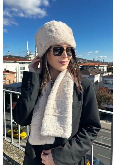 Mollycrush Kadın Bej Peluş Kürk Atkı Şapka Seti Premium Kışlık Ekru