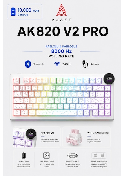 Ak820 V2 Pro 8k+8k Ekranlı Mekanik Oyun Klavyesi-10.000 Mah Batarya