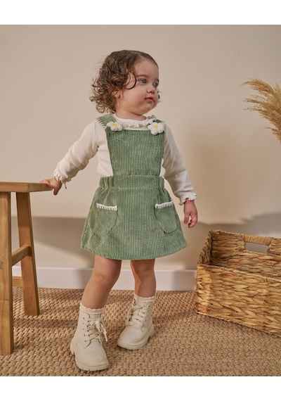 Noble Kids Yeşil Papatya Detaylı Kız Bebek Salopet İkili Takım - 9 Ay-3 Yaş Yeşil