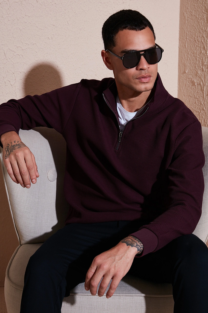 Buratti Pamuklu Regular Fit Yarım Fermuarlı Dik Yaka 2'Li Paket Erkek Sweat 5905716S2 Ekru-Vişne