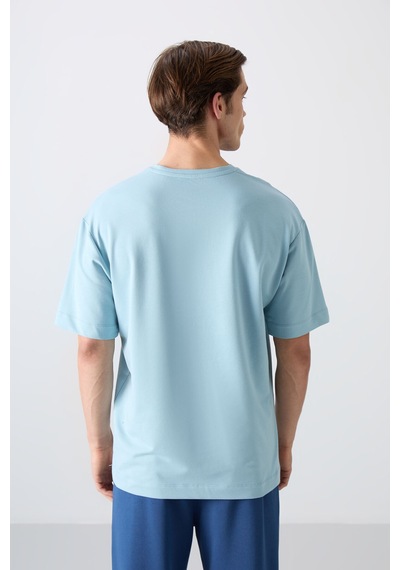 Tommy Life Açık Mavi Pamuklu Kalın Yumuşak Dokulu Oversize Fit Baskılı Erkek T-shirt - 88343 Açik Mavi