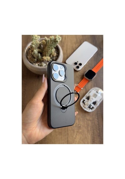 İphone 15 Pro Uyumlu Karbon Desenli Standlı Ve Magsafe Uyumlu Kılıf Soocase700