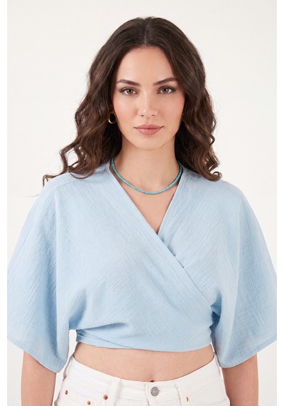 Lela Pamuklu Comfort Fit Bağlamalı Yarasa Kol Bolero Kadın Bolero 5866354 Mavi