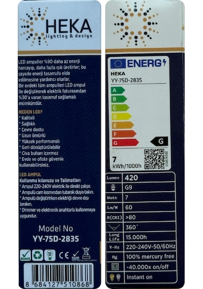 10 Adet Heka 7w 49w 3000k Gün Işığı G9 Duylu Dim Edilebilir Led Kapsül Ampul