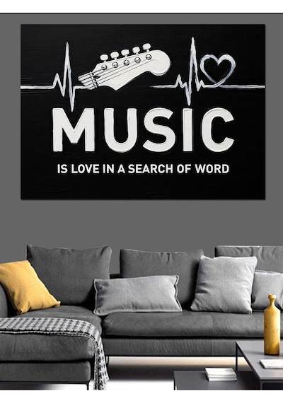 Müzik Kalp Atışı Yazısı Dekoratif Kanvas - Mdf Ahşap Tablo