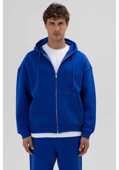 Vamos Basic Fermuarlı Oversize Kapüşonlu Sweatshirt Saks Mavi