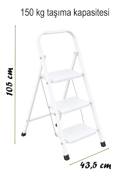 Perilla Class 3 Basamaklı Kaymaz Tabanlı Katlanır Metal Merdiven - Ekstra Güçlü Beyaz 101-150cm Arası