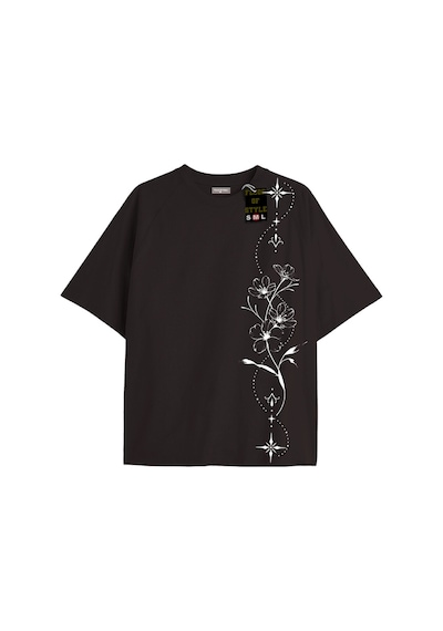 Flood Of Style Siyah Oversize T-shirt Çiçek Dal Yıldız Özel Tasarım