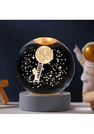 3d Lazer Ay'a Tırmanan Astronot Figürlü Cam Küre , Hologram , Hediyelik Şeffaf