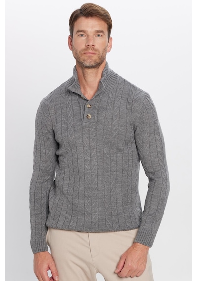 Tudors Erkek Slim Fit Dar Kesim Yumuşak Dokulu Desenli Dik Yaka Düğmeli Triko Gri Kazak-29887 Gri