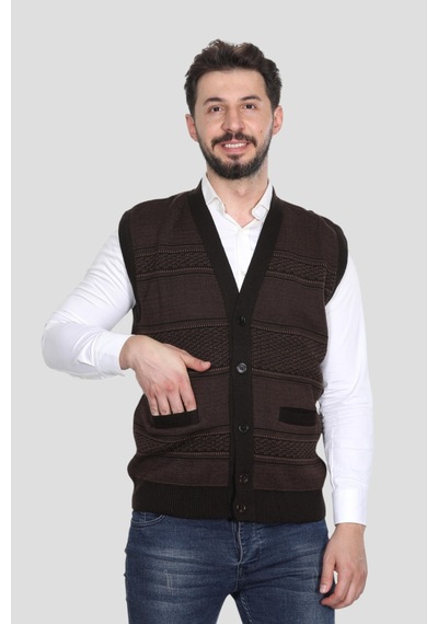 Kzc Tekstil Erkek Baba Orta Yaş Ve Üzeri Triko Örgü Akrilik Kışlık Kalın Dokulu Düğmeli Cepli Baba Yelek Kahverengi