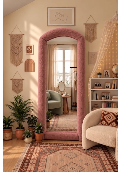 Lina Pembe Renk Kumaş Kaplamalı Ayaklı Boy Aynası 175x56 Cm Pembe