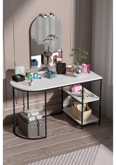 White Oval-shaped Work And Makeup Desk With Mirror And Shelves Beyaz