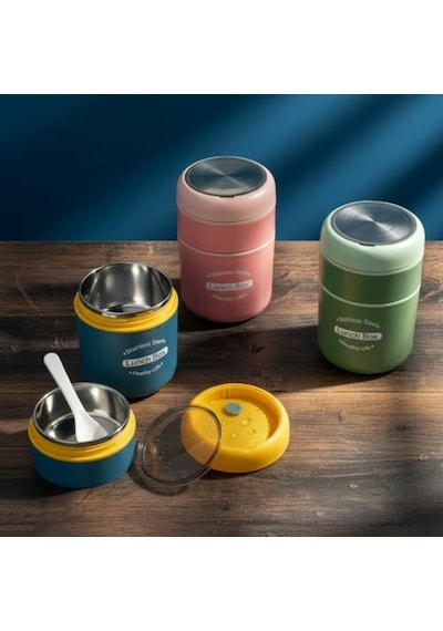Deconox Çelik Yemek Termosu 2 Katlı Kaşıklı - 304 Paslanmaz Çelik Beslenme Kutusu Sıcak/soğuk Tutma Özellikli Vakumlu Öğle Yemeği Seferi Tası 710 Ml, Çap: 10 Cm, Yük: 15.5 Cm Mavi-sarı