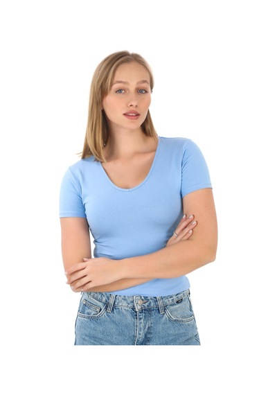V Yaka Slim Fit Crop Tişört-mavi Mavi