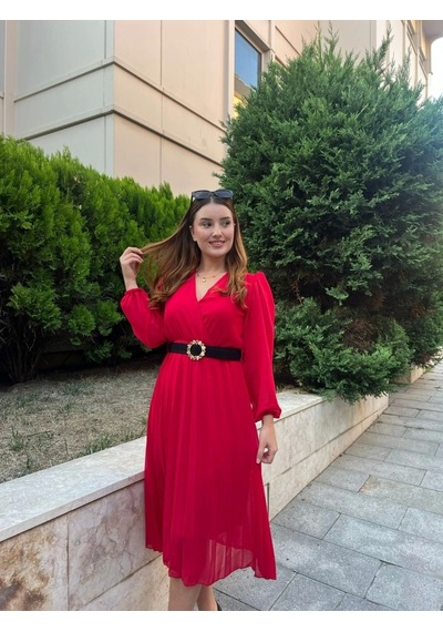 Defymoda Kadın Şifon Kumaş Astalı Kloş Kesim Kruvaze Yaka Midi Boy Elbise Kırmızı