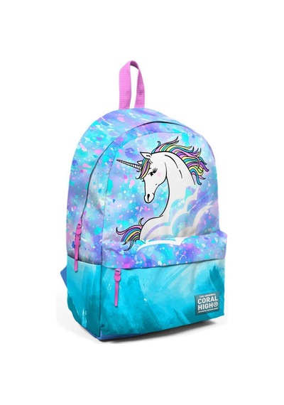 Coral High Derin Mavi Açık Pembe Unicorn Desenli İki Bölmeli USB Şarjlı Kulaklık Çıkışlı Okul Sırt Çantası 23429
