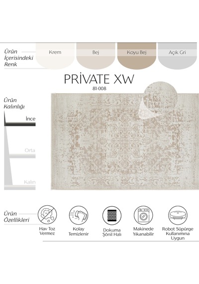 Cool Halı Private Xw Krem Bej Vintage Halı Soft Şönil Yıkanabilir Modern Klasik Eskitme Salon Halısı