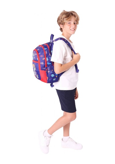 Kauıkko Kids Lacivert Kırmızı Astronot Baskılı Erkek Çocuk Okul Çantası - L5267 - Dört Gözlü Lacivert - Kırmızı