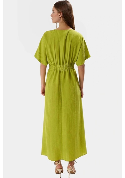 Ersefa Dokuma Polyester Maxi Elbise A Kesim V Yaka Rahat Yazlık Günlük K Yeşil