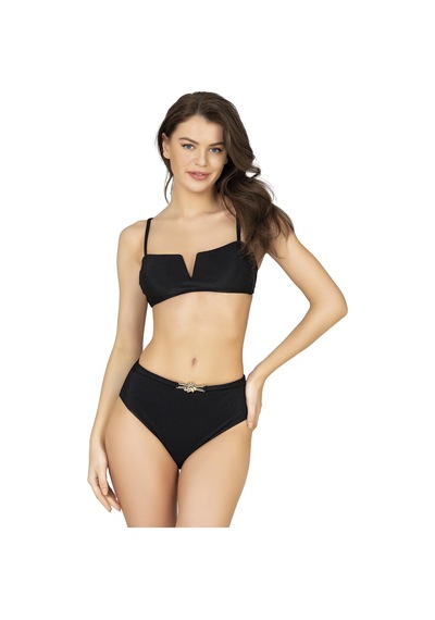 Endeep Kadın Aksesuarlı Yüksek Bel Dokulu Siyah Bikini Takımı Siyah